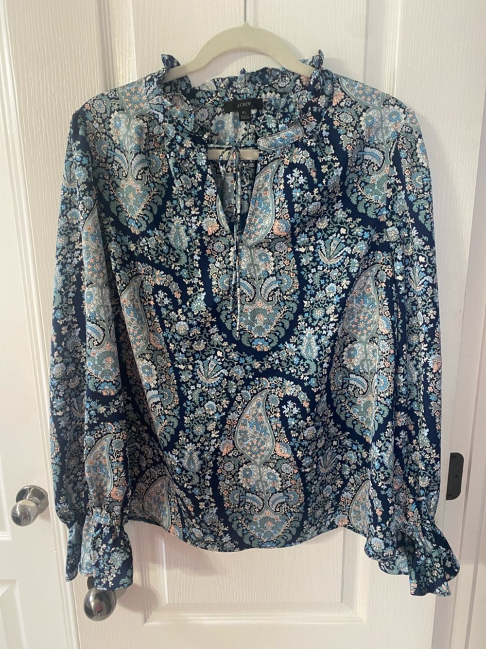 J. Crew Navy Paisley Ruffle-Tie Long-Sleeve Blouse